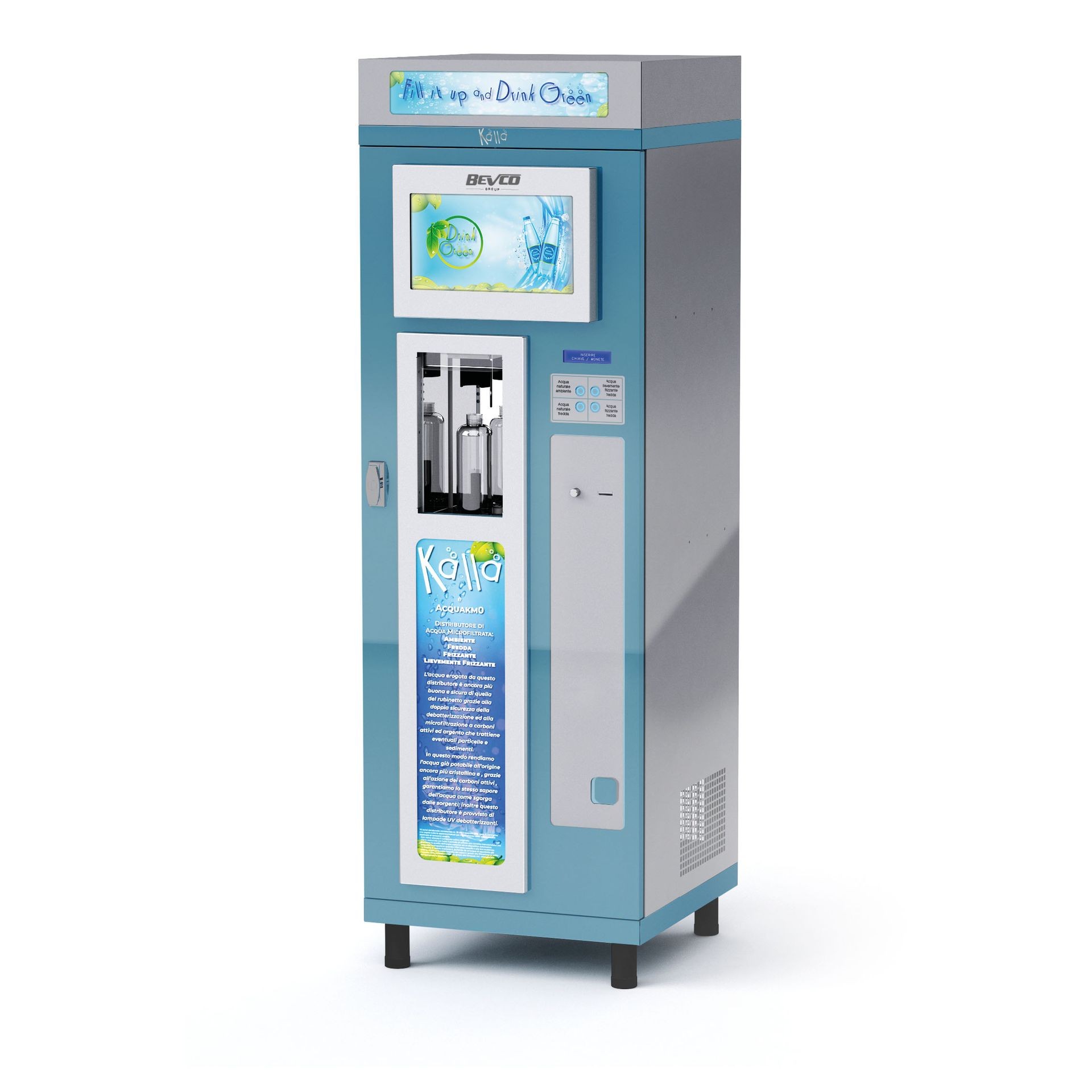 Blue and silver beverage dispenser with digital screen and water bottle filling station.