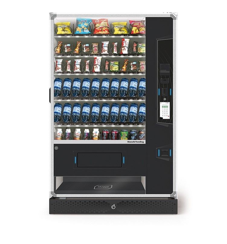 Modern vending machine fully stocked with snacks, bottled water, cans of soda, and various drinks.