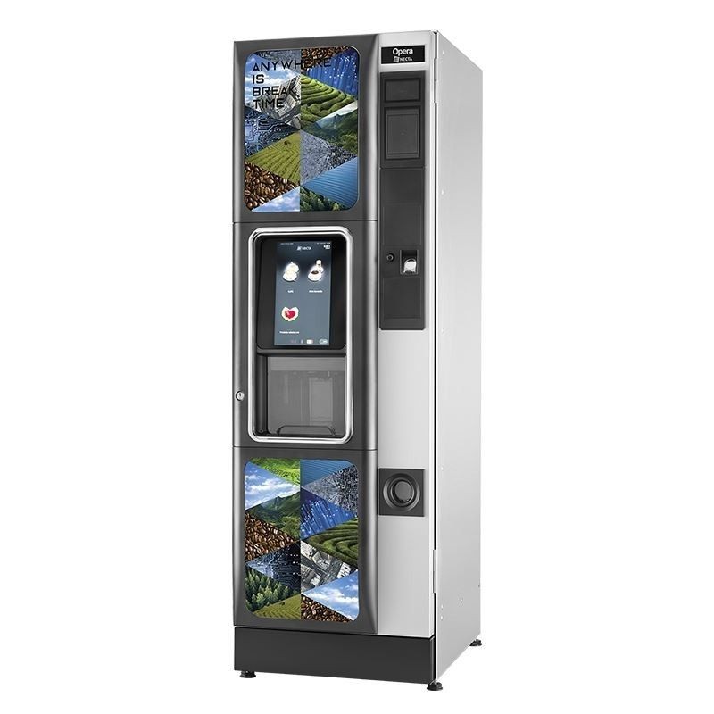 Silver beverage vending machine with colorful images and touch screen interface.