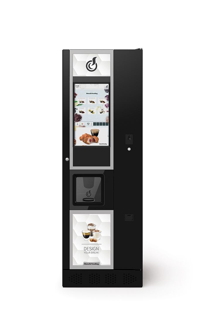 Modern coffee vending machine with digital display and beverage selection options.